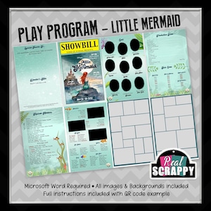 Peut inclure: Un modèle de programme de pièce imprimable pour une production scolaire de La Petite Sirène. Le modèle présente un design sur le thème de l'océan bleu et vert avec une illustration aquarelle d'une sirène. Le programme comprend des sections pour le casting, l'équipe, les remerciements spéciaux et les notes de production.