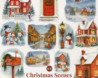 Pacchetto di clipart di villaggi natalizi ad acquerello, scene invernali in formato PNG (download digitale)
