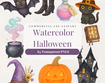 Watercolor Halloween Clipart – Cute Ghost, Pumpkin, Witch (PNG, Commercial Use)