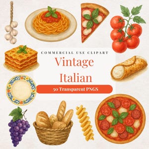 Italian Clipart Bundle | Vintage Italian Food Watercolor Clip Art | Pasta Pizza Kitchen Digital Download | Commercial Use PNGs