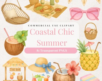 Paquete de imágenes prediseñadas de verano costero / Imágenes PNG de vacaciones en la playa en acuarela