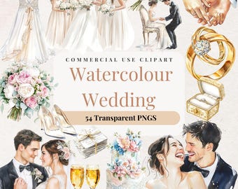 Paquete de imágenes prediseñadas de boda en acuarela: PNGs de novias, ramos y pasteles (descarga digital)