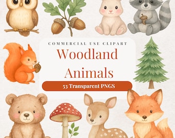Imágenes prediseñadas de animales del bosque en acuarela para guardería y baby shower (53 PNG)