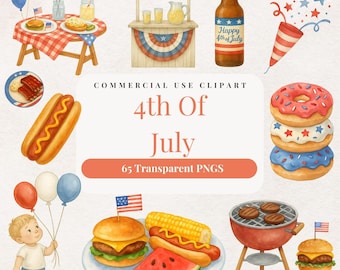 Paquete de imágenes prediseñadas del 4 de julio: PNG patrióticos en acuarela (uso comercial)