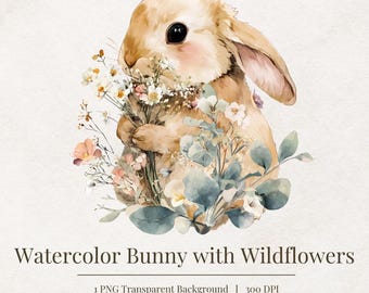 Clipart de conejito de acuarela: Conejo floral PNG, arte infantil (descarga digital)