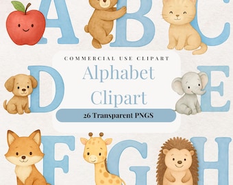 Watercolor Animal Alphabet Clipart | A-Z PNGs (Digital Download)