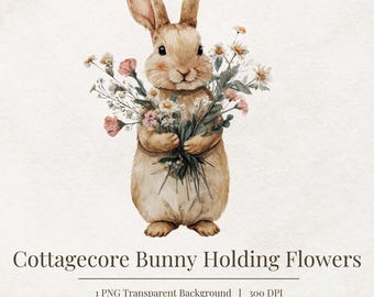 Cottagecore Bunny Watercolor Clipart – Floral Rabbit PNG (Digital Download)