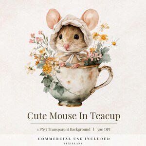 Woodland Mouse Clipart PNG | Watercolor Animal in Teacup | Transparent Background | Nursery Art | Commercial Use | 300 DPI