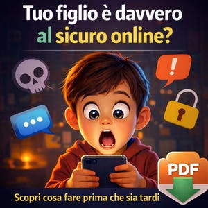 May include: An illustration of a child looking shocked while holding a smartphone. The image includes speech bubbles with exclamation points, a skull, and a lock, along with the text "Is your child really safe online?" and "Discover what to do before it's too late."