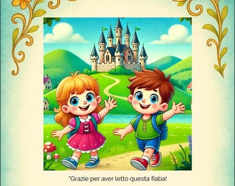 May include: Two cartoon children, a girl with blonde hair wearing a pink dress and a boy with brown hair wearing a green shirt and blue shorts, are walking towards a colorful castle in a green landscape. The text "Grazie per aver letto questa fiaba!" is at the bottom of the image.