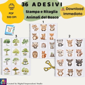 Adesivi Stampa e Ritaglia Animali del Bosco - PDF A4 | 36 Stickers per Bambini, Homeschooling, Creatività, Acquerello