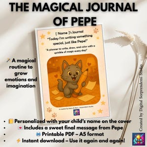 Può includere: Un diario stampabile con un gatto dei cartoni animati che tiene una matita. La copertina del diario ha il testo "The Magical Journal of Pepe" e "[Name]'s Journal" con il testo "Today I'm writing something special, just like Pepe!" e "A planner to write, draw, and color with a sprinkle of magic every day!" Il diario è personalizzato con il nome del tuo bambino sulla copertina e include un dolce messaggio finale di Pepe. Il diario è disponibile in formato A5 ed è un download istantaneo.