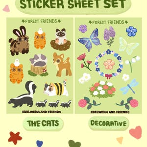 May include: A sticker sheet set with two designs. One side features forest animals such as a rabbit, raccoon, and deer. The other side displays butterflies, flowers, and a dragonfly. The text "STICKER SHEET SET" is at the top.