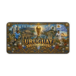 Pode incluir: Item retangular decorativo com uma ilustração detalhada da Copa do Mundo de 2026 do Uruguai. O design inclui jogadores de futebol, um troféu, a bandeira uruguaia e o texto "URUGUAY WORLD CUP 2026" em letras douradas. A borda é ornamentada com motivos florais e bolas de futebol.