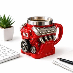 Könnte beinhalten: Eine rote Kaffeetasse in Form eines V8-Motors mit Edelstahl-Innenraum, gefüllt mit Kaffee. Die Tasse hat detaillierte Motorkomponenten und einen großen Griff. Der Text "V8" ist sichtbar. Ein einzigartiges Geschenk.