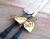 Rustic Chic Wedding Cake Server And Knife Set, Navy Blue with Personalized Wood Hearts, Bridal Shower Gift, Wedding Gift