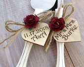 Rustic Chic Wedding Cake Server Knife Set White with Burgundy Flower Personalized Wood Hearts Bridal Shower Gift Wedding Gift