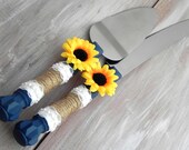 Rustic Sunflower Wedding Cake Server And Knife Set, Navy Blue with Burlap and Lace, Country Wedding, Bridal Shower Gift, Wedding Gift