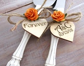 Rustic Chic Wedding Cake Server Knife Set White with Orange Flowers Personalized Wood Hearts Bridal Shower Gift Wedding Gift