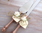 Rustic Chic Wedding Cake Server Knife Set Rose Gold with Ivory Flower Personalized Wood Hearts Bridal Shower Gift Wedding Gift