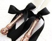 Glam Wedding Cake Server And Knife Set Black Satin Ribbon with Rose Gold Glitter Bridal Shower Gift Wedding Gift Cake Cutter Set