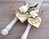Rustic Wedding Cake Server and Knife Set Personalized Bride and Groom Initials and Date White Handles with White Flowers Custom Colors