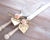 Rustic Wedding Cake Server Set Cream with Peach Flowers Custom Color Personalized Bride Groom Initials and Date Bridal Shower Gift