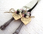Rustic Wedding Cake Server Knife Set, Wood-look, Match Your Bridal Bouquet, Succulents and Roses, Personalized Wood Hearts, Wedding Gift