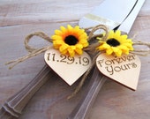 Rustic Chic Wedding Cake Server Knife Set Wood-Look with Sunflower Personalized Wood Hearts Forever Yours Bridal Shower Gift Wedding Gift