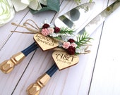 Wedding Cake Server Knife Set, Navy and Gold Handle, Match Your Bridal Bouquet, Greenery and Roses, Personalized Wood Hearts, Wedding Gift