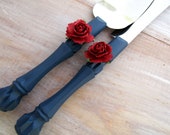 Navy Blue Wedding Cake Server and Knife Set, Burgundy Flower, Cake Cutter Set, Bridal Shower Gift, Wedding Gift
