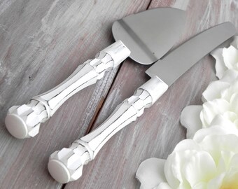 White Rustic Chic Wedding Cake Server Knife Set Cake Cutter Set Bridal Shower Gift Wedding Gift Shabby Chic Vintage Wedding