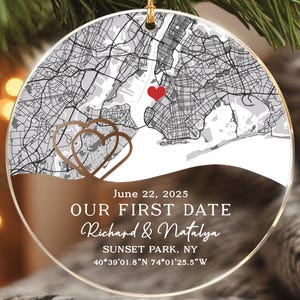 Custom Map Christmas Ornament, First Date Location, Acrylic Couple Gift