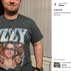 May include: A dark gray short-sleeve t-shirt featuring the text IZZY in a large, light blue, lightning-patterned font. Below the text, the shirt displays a collage of five photographs of the same person wearing glasses, set against a blue background.