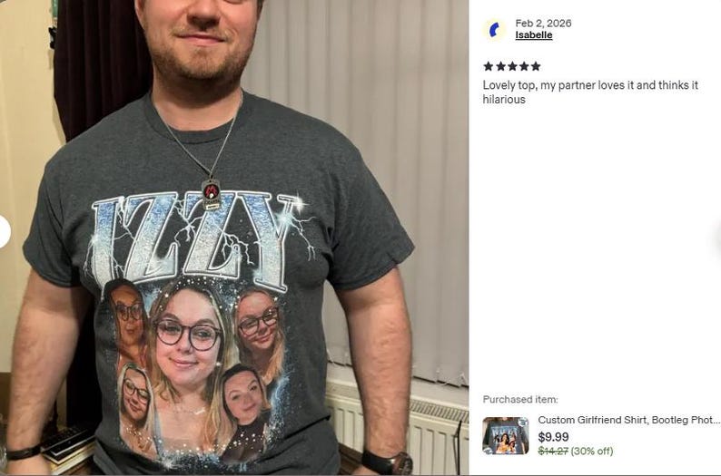 May include: A dark gray short-sleeve t-shirt featuring the text IZZY in a large, light blue, lightning-patterned font. Below the text, the shirt displays a collage of five photographs of the same person wearing glasses, set against a blue background.