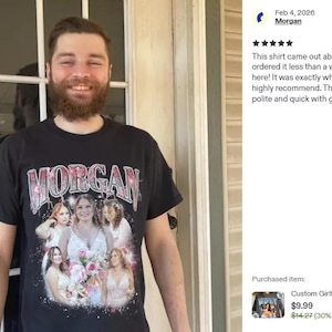 May include: A black short-sleeved t-shirt featuring a collage of photographs of a person in a white dress. The name MORGAN is printed in large, stylized, glittery pink and white letters across the top of the graphic design on the front of the shirt.