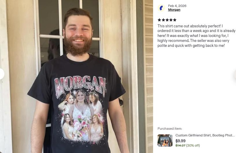 May include: A black short-sleeved t-shirt featuring a collage of photographs of a person in a white dress. The name MORGAN is printed in large, stylized, glittery pink and white letters across the top of the graphic design on the front of the shirt.