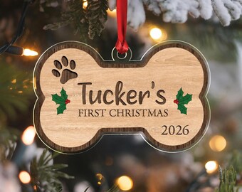 Custom Dog Bone Ornament, Personalized Acrylic Puppy First Christmas