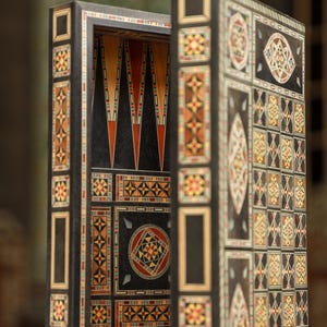 Handmade Syrian Mosaic Wooden Chess & Backgammon Set - Artisan Inlaid Game Board - Double-Sided Middle Eastern Decor - Unique Game Gift