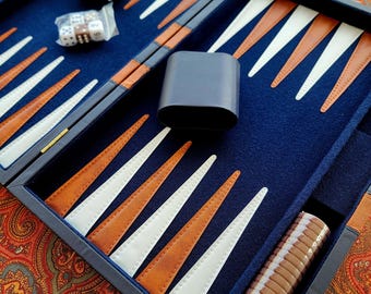 Travel-Friendly Navy leather Backgammon Set – Compact, Foldable & Elegant
