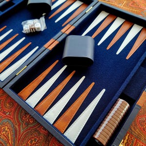 May include: A backgammon set with a navy blue playing surface, featuring brown and white triangles. The set includes dice, dice cups, and brown and white game pieces. The case is dark blue with brown leather accents.