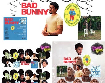 NIEUW Bad Bunny Debi Tirar Mas Fotos geïnspireerd feestdecoratiepakket | Tafelconfetti | Spiraal hangend decor | Cupcakestekkers | Rietjes