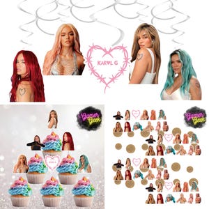 NEW Karol G Inspired Party Decorations Package | Table Confetti | Spiral Hanging Decor | Cupcake Picks | Straws