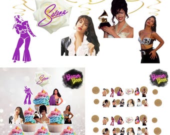 Op Selena geïnspireerd feestdecoratiepakket | Tafelconfetti | Spiraal hangend decor | Cupcakestekkers | Rietjes