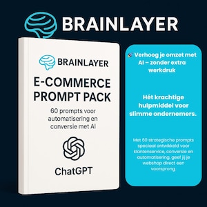 Könnte beinhalten: Ein weißer Buchumschlag mit einem blauen Gehirnsymbol und dem Text "BRAINLAYER E-COMMERCE PROMPT PACK 60 Prompts für Automatisierung und Conversion mit AI ChatGPT" und einem blauen und weißen Gehirnsymbol. Der Hintergrund ist schwarz.