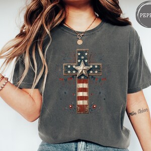 Patriotic Christian Cross T-Shirt - Comfort Colors USA Flag Shirt, American Faith Tee, 4th of July Christian Shirt, Independence Day Gift