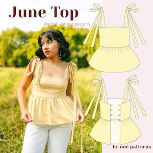 Puede incluir: Un patrón de costura digital June Top de cuadros amarillos. La imagen muestra a una mujer que lleva el top, junto con un diagrama del top. El top tiene tirantes anudados y un peplum. El texto "June Top" está en la parte superior de la imagen.
