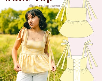 Patrón de costura digital para el top de junio (apta para principiantes, incluye PDF en tamaños A4, Carta, A0, proyector y videotutorial)