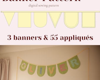 Patrón de costura para guirnalda de banderines - 58 piezas (PDF A4, Carta, A0, para proyector y videotutorial)