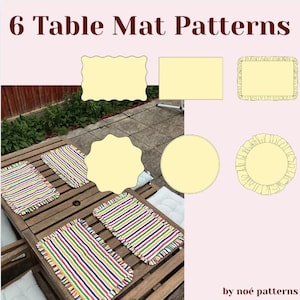 Peut inclure: L'image présente six motifs de sets de table, dont des modèles rectangulaires, festonnés et circulaires. Les sets de table sont de couleur jaune clair. Quatre sets rayés avec des rayures rouges, vertes, bleues et jaunes sont sur une table en bois. Le texte indique "6 Table Mat Patterns."